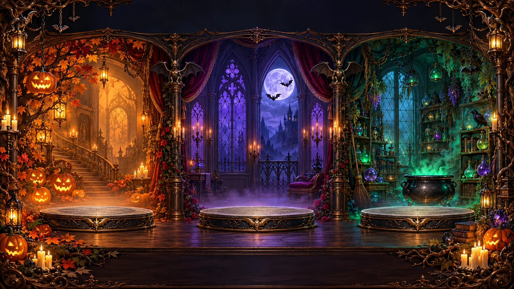 Tres escenarios de Halloween: calabazas, castillo y taller de bruja